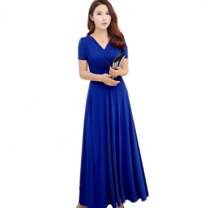 

New Slim V-neck Women Summer Dress 2017 Royal Blue Casual Dress Women Maxi Dresses Plus Size Womens Clothing Robe Femme LM18