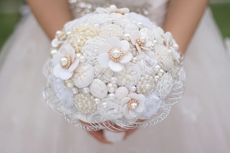 JaneVini Роскошные ювелирные изделия Белый цветок свадебный букет расшитые стразами