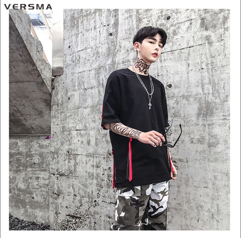 VERSMA High Street Хип-Хоп городской уличный сверхразмерный Футболка мужская летняя японская Harajuku лента Лоскутная парная футболка