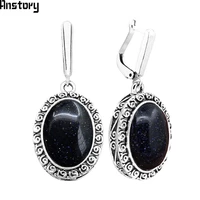 oval dark blue sequins stone earrings for women hollow flower pendant antique sliver plated vintage fashion jewelry gift te302