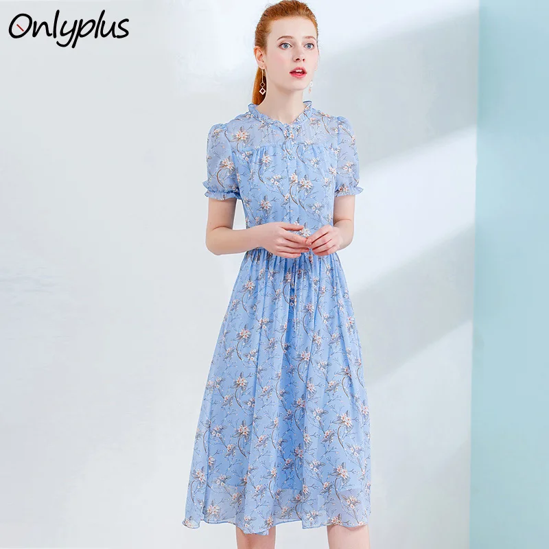 Onlyplus Летние шифоновые платья для девушек с цветочным принтом короткими рукавами