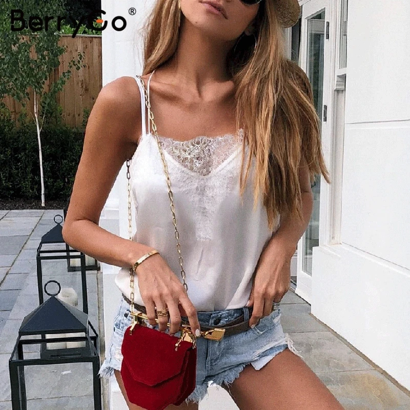 BerryGo для женщин Танк Элегантный кружево топики женские сетки вышивка Атлас