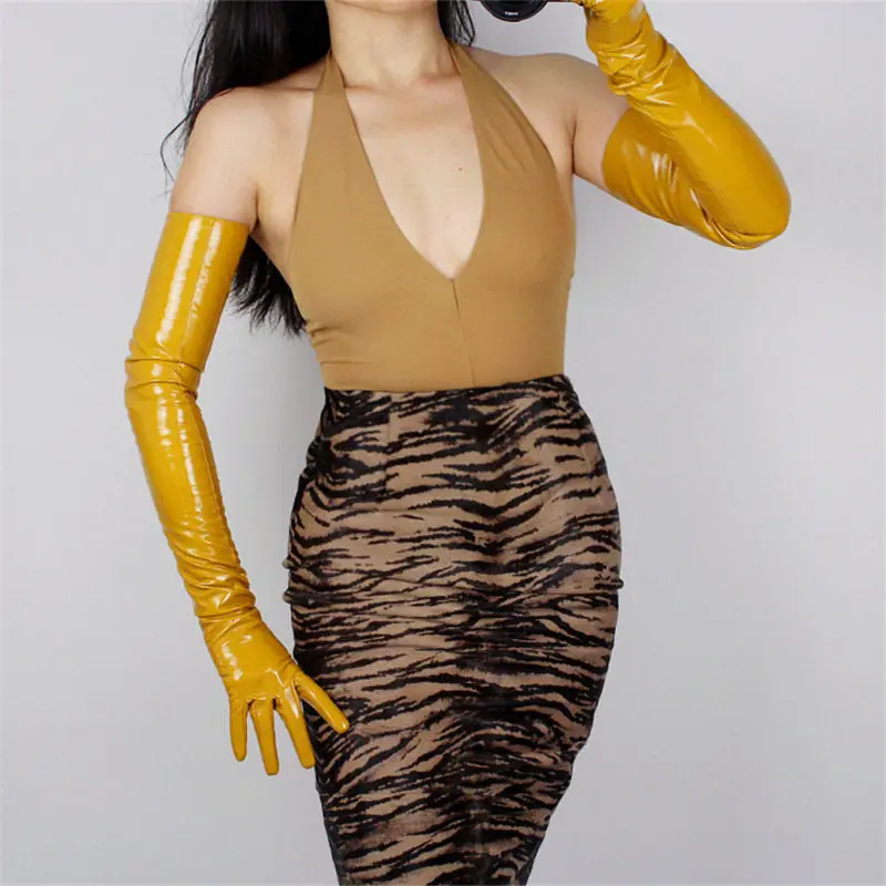 leather turmeric Женские Экстра длинные перчатки 70 см Длинные Локоть искусственная кожа без подкладки длинные перчатки светильник коричневый TB21 - Цвет: leather turmeric