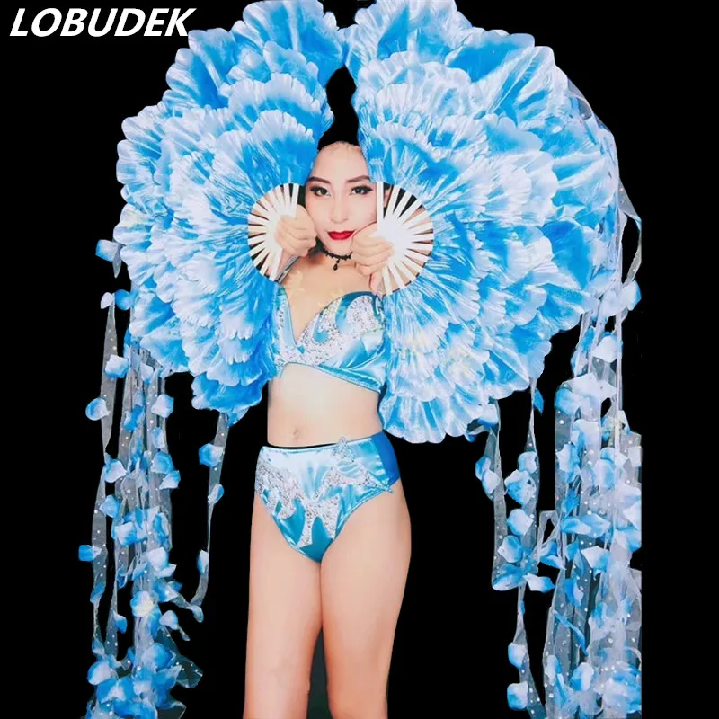 Женский сценический костюм бикини с синими стразами |