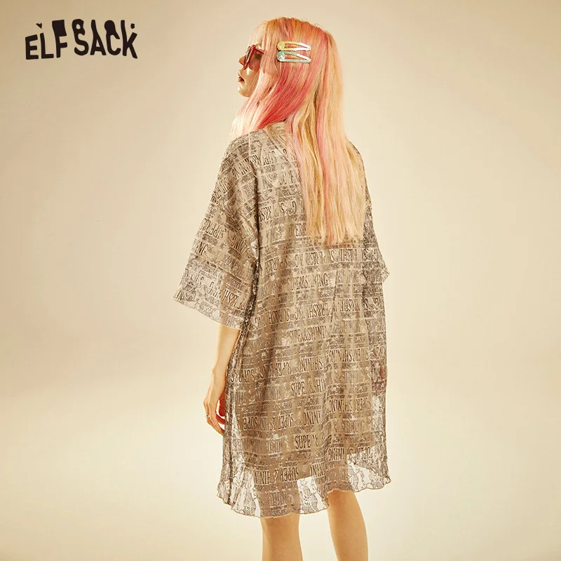 ELFSACK винтажное женское платье с буквенным принтом и сеткой повседневное