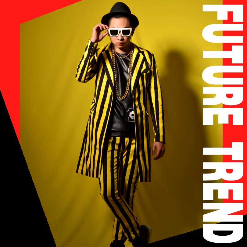 2018M- 6XL///Nightclub male singer DSDJ yellow and black stripes British long suit big bar costume accessories. | Мужская одежда