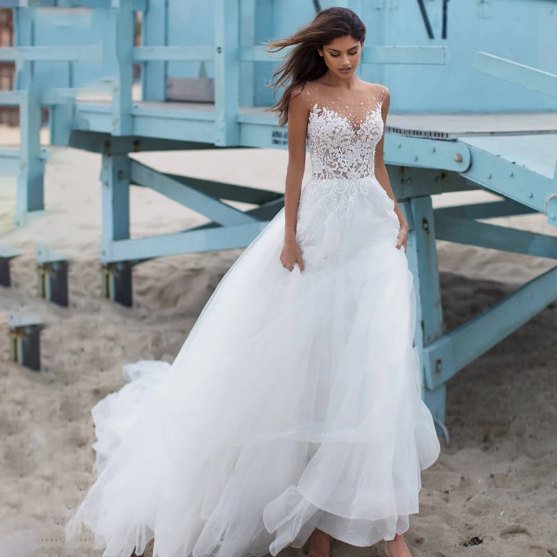 

Eightree Beach Illusion Bridal Dress Appliques Lace Scoop Sweep Train Wedding Dresses 2019 Tulle Beaded Princess Robe De Mariee