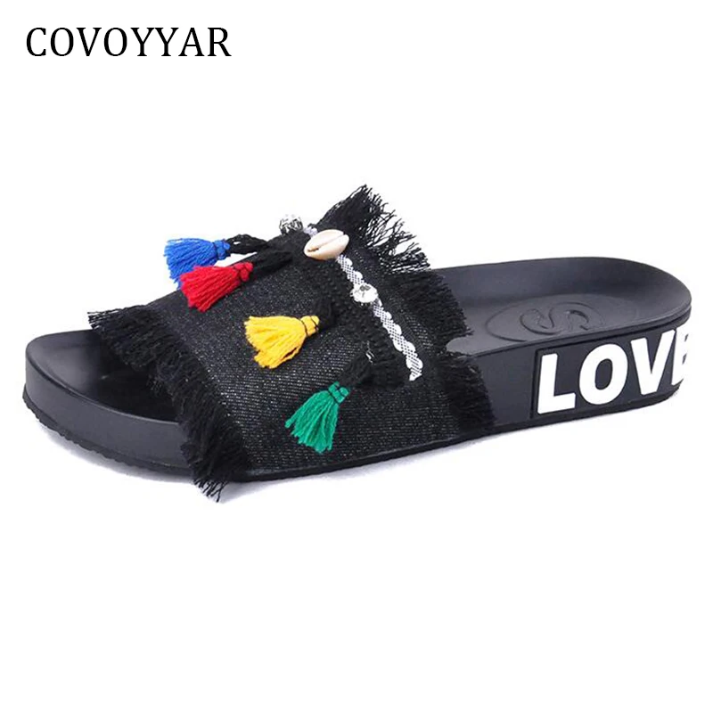 Covoyar 2019 красочные с бахромой джинсовые женские сандалии летние модные шлепанцы