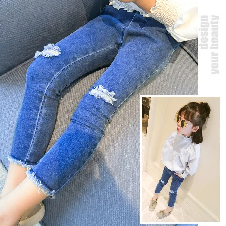 Джинсы с ободками для девочек детские рваные штаны Новинка осени 2018 детская
