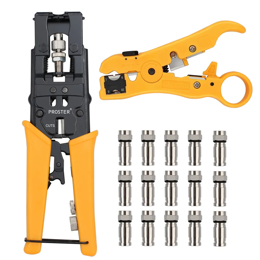

for Automatic Cable Wire Stripper Coaxial Cable Stripping Crimper Crimping Plier Cutter Tool With RG59 F Connectors Kit Set