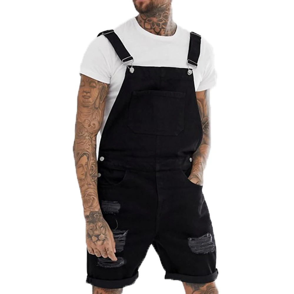 Мужской джинсовый комбинезон с потертостями повседневные однотонные рваные