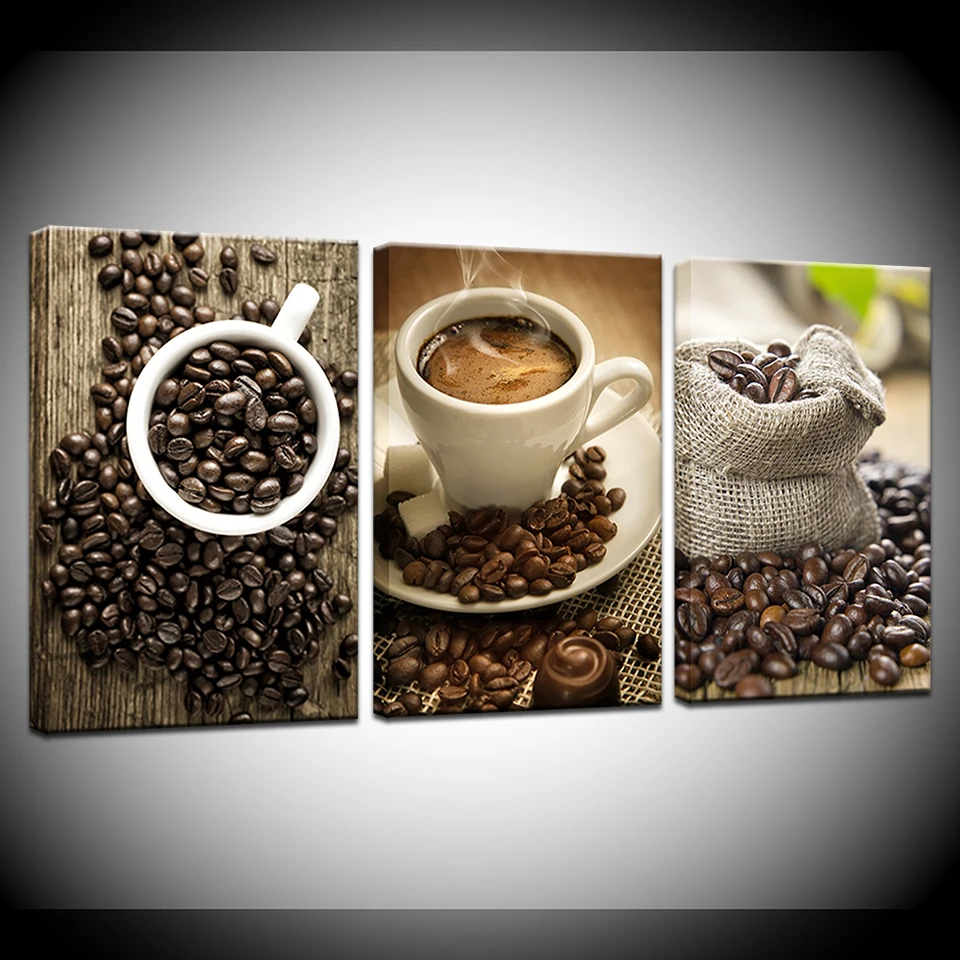 

Wall Decor Coffee 3 panel Canvas Art Painting Picture Coffee Bean Wall Pictures For Living Room Kitchen Cafe Bar Decors Frame