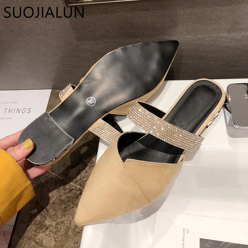 SUOJIALUN/; Брендовые женские туфли без задника на плоской подошве; модные шлепанцы с украшениями в виде кристаллов; женские туфли на низком каблуке; Роскошные шлепанцы без застежки