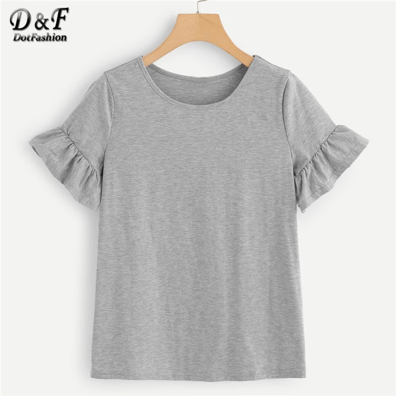 Dotfashion серая Женская Повседневная футболка с рюшами и оборками на рукавах, лето, кавайные Топы с коротким рукавом, корейская модная одежда, футболка