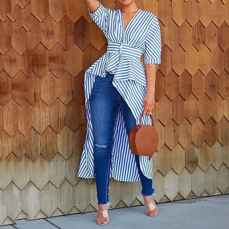 

Summer Elegant Party Blue Casual Women Clothes 2019 Blouses Tops Slim Stripe Falbala Office Ladies Female Fashion Long Shirts