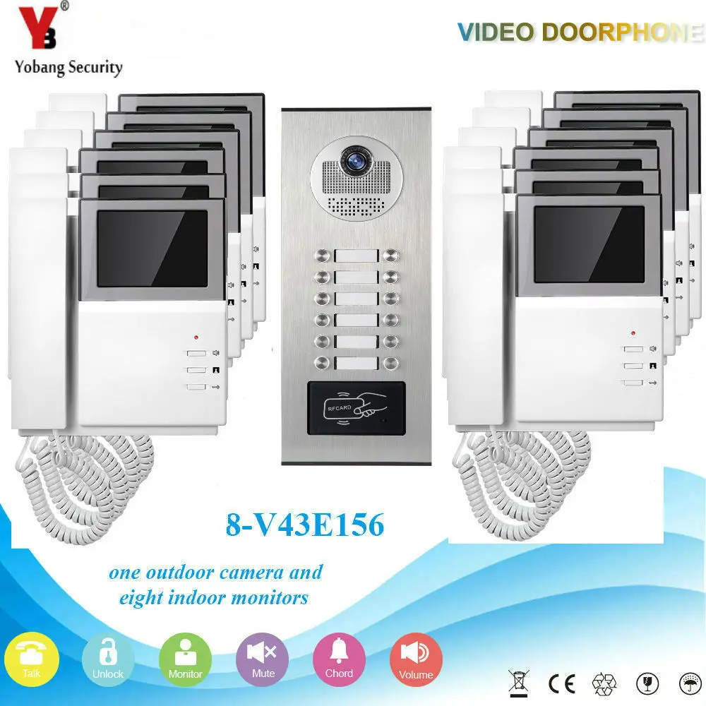 YobangSecurity Video Intercom 4.3 Inch Video Deurtelefoon Deurbel Intercom Systeem RFID Toegang Deur Camera Voor 12 Unit Appartement