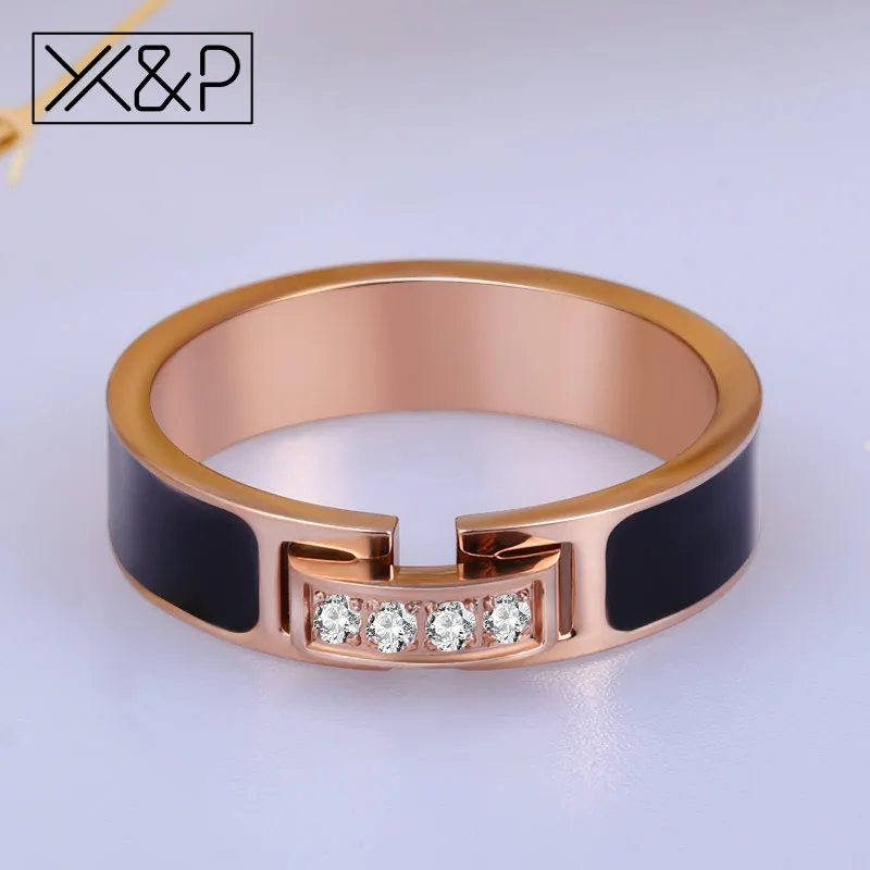 X& P Новое поступление роскошный Циркон Кристалл инкрустация черный палец кольца для мужчин и женщин мода 316L нержавеющая сталь розовое золото кольцо ювелирные изделия