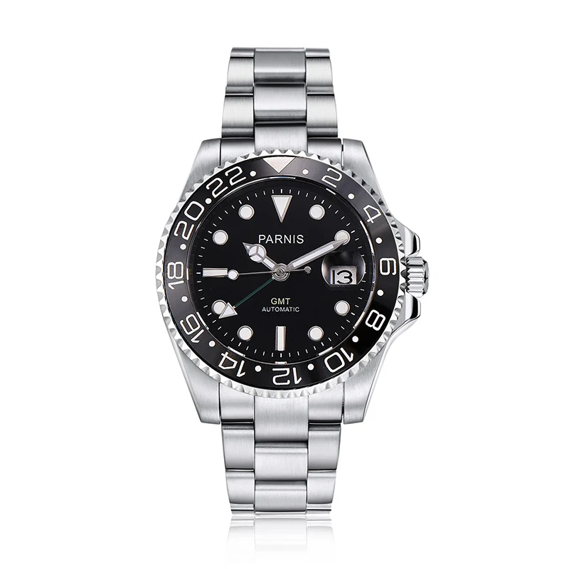 green needle Parnis 40 мм черный циферблат автоматические механические мужские часы GMT Diver Мужские часы лучший бренд класса люкс Saphire Cristal relogio - Цвет: green needle