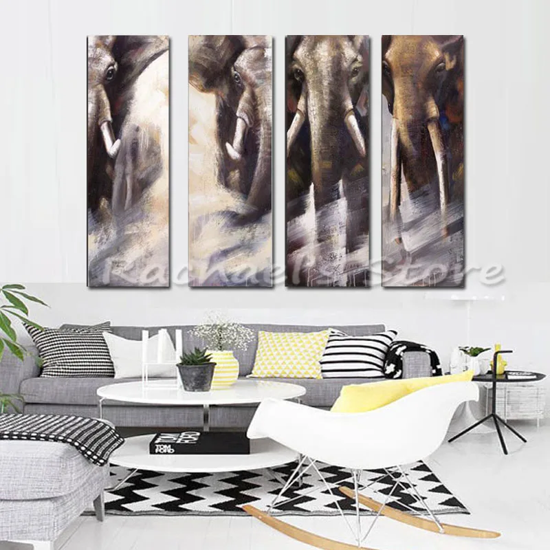 Beste Handgeschilderde 4 Stuks Abstract Olifanten Olie Pianting Moderne Muur Foto Woonkamer Home Decor Canvas Foto Kunst Schilderij