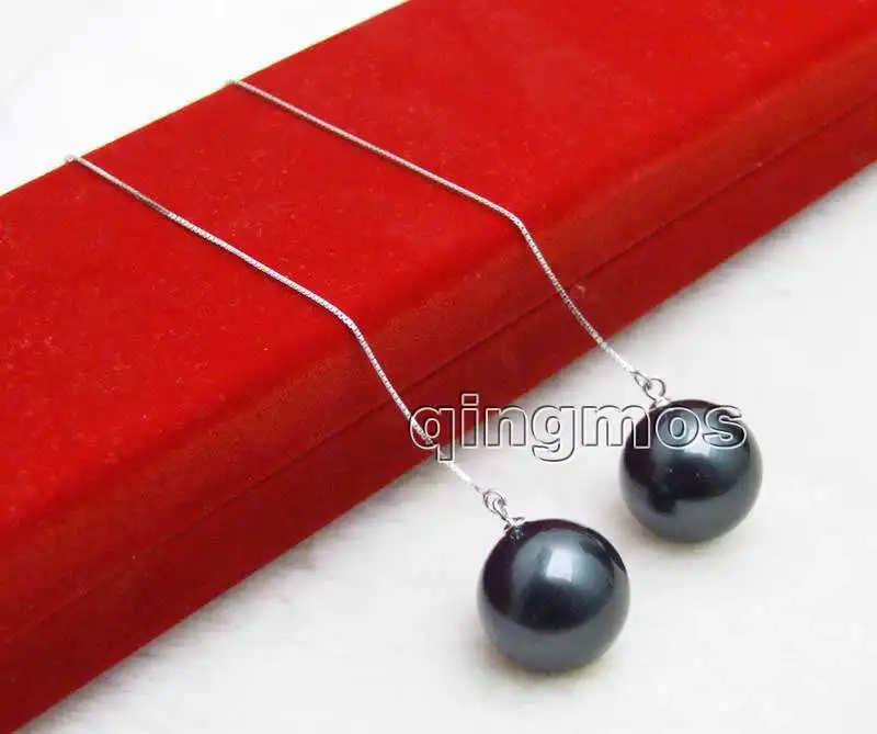 

Fashion Big 18mm Black Round Sea shell pearl and sterling silver s925 Ear Line dangle 4'' Earring-ear665