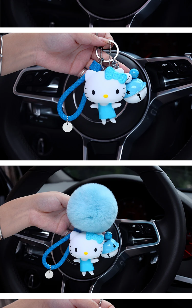 Милый мультяшный брелок hello kitty из кроличьего меха с помпонами, помпонами, брелок для женщин с кожаным ремешком, металлическое кольцо для ключей, цепочка для автомобильных сумок, брелок D35A