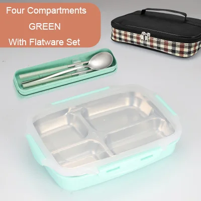 Green 4 Flatware Bag GLANYOMI 304 Ланч-бокс из нержавеющей стали с отделениями, бэнто-бокс для детей, школьников, пикников, контейнер для еды - Цвет: Green 4 Flatware Bag