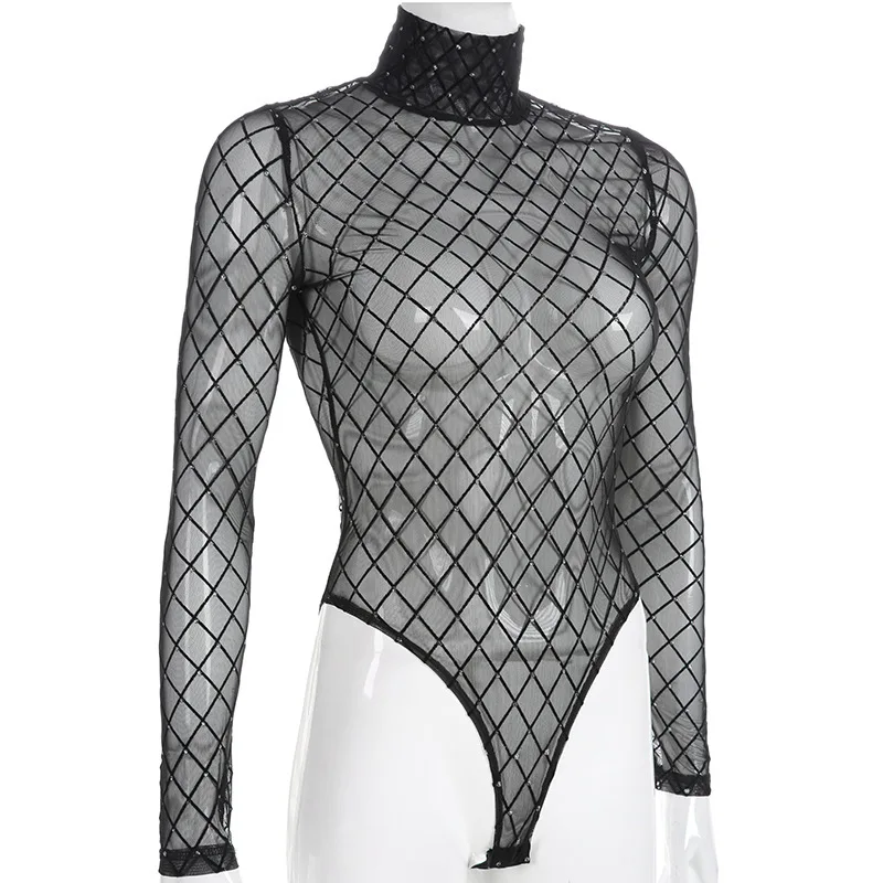 JIEZuoFang Mesh Bodysuit Women Sexy Transparent Slim Party Jumpsuit Short See Through Long Sleeve Turtleneck Bodysuits