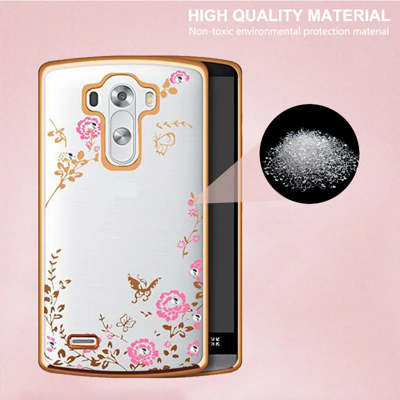 Beworlder For LG G3 Case Silicone Bling Diamond Secret Garden Rhinestone Soft TPU Gold Plating Phone Back Cover Transparent |
