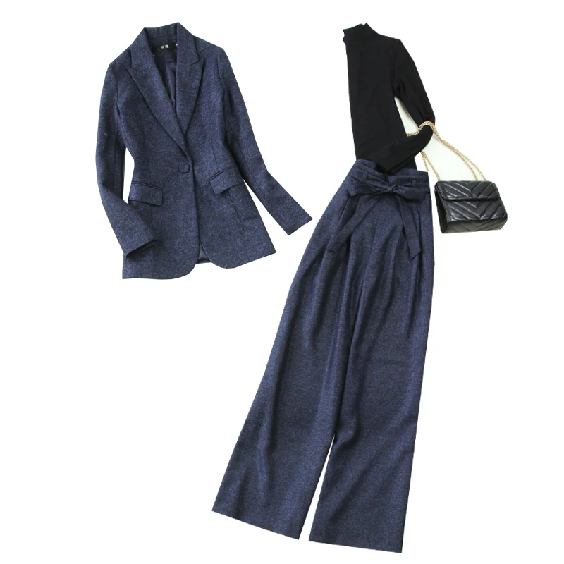 Large size women's 2019 autumn blue herringbone Slim suit + high waist wide leg pants thick 2/3 pieces set | Женская одежда