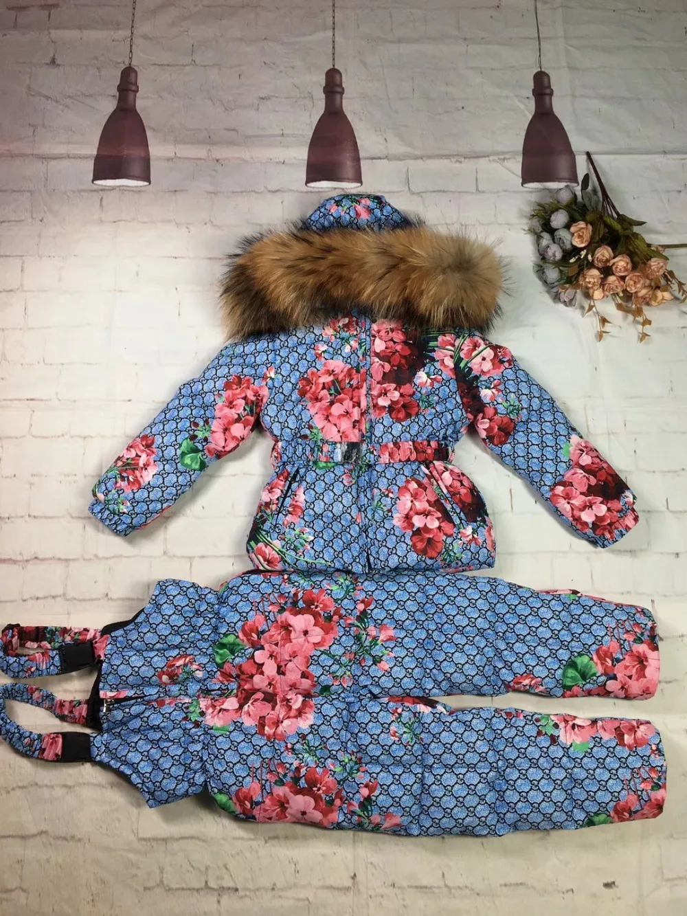 Real raccoon fur winter jacket child suit jacket+pant twinset boy& girl ski suits children down jacket outerwear parka