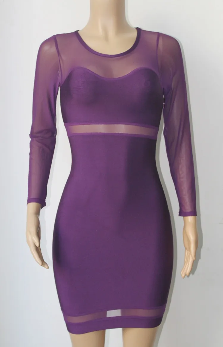 Long sleeve elastic women bandage dress mesh see through bodycon formal celebrity party for lady purple HL102-2 | Женская одежда