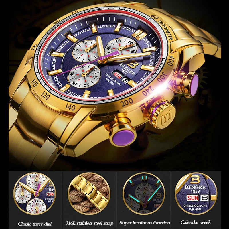 

Switzerland Chronograph Sports Watch Swim Luminous Waterproof Military Quartz Wristwatch BINGER Men Watches relogio masculino