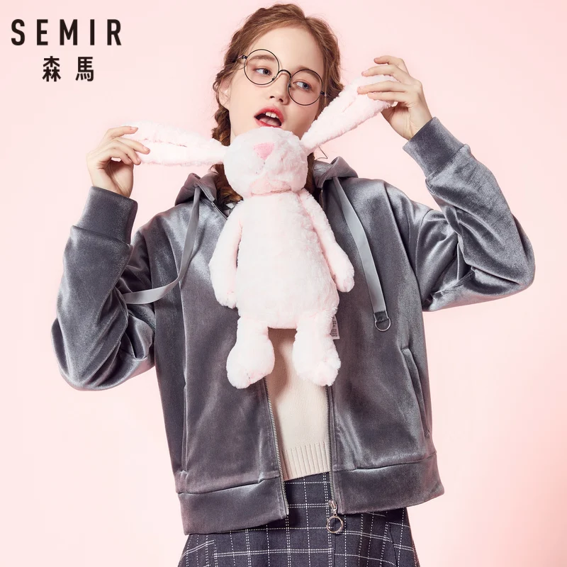 SEMIR женская короткая бархатная куртка с капюшоном на молнии Женская наклонным
