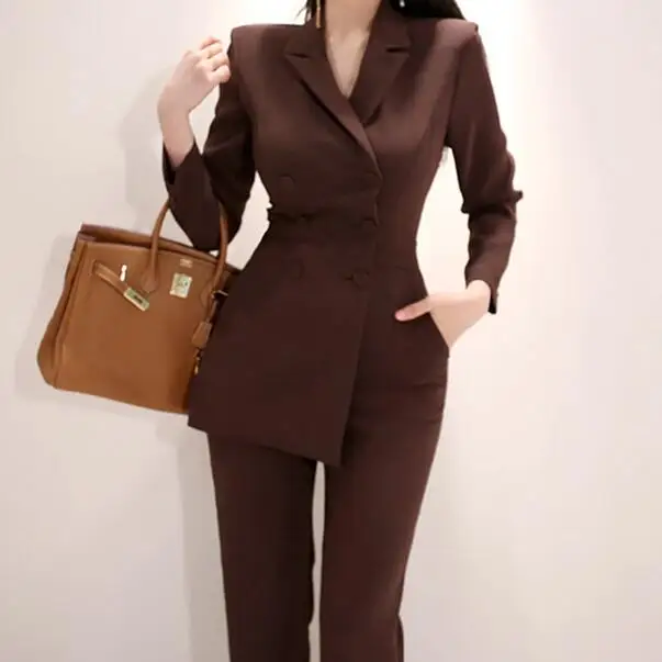 Женский офисный комбинезон элегантный коричневый двубортный с длинным рукавом