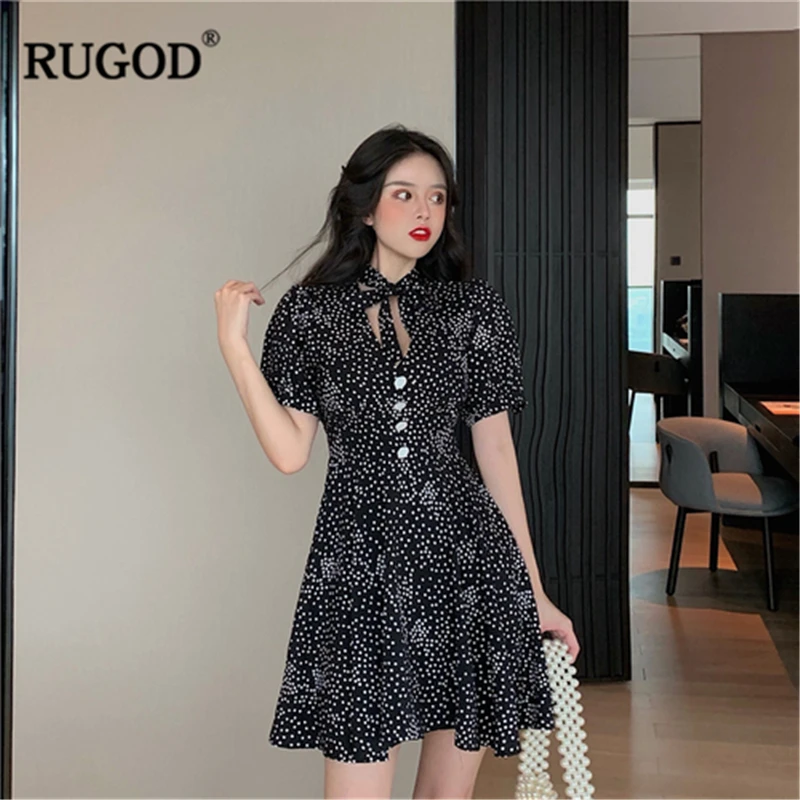 RUGOD 2019 New Summer Women Dot Mini Dress Strap V-neck Short Sleeves High Waist Slim A-line Vestidos Vintage Mujer Modis | Женская