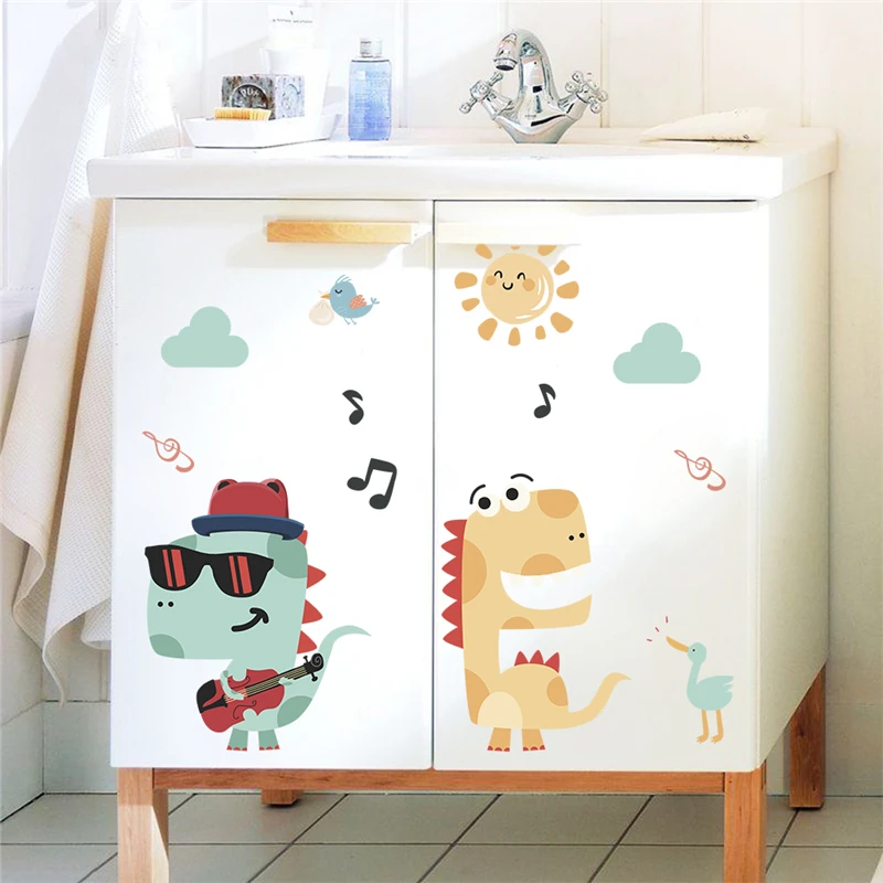 Funny Music Guitar Dinosaur Cloud Wall Decals Kids Rooms Home Decor Cartoon Animal Stickers Pvc Mural Art Diy Posters | Дом и сад