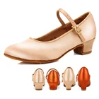 Туфли детские атласные для латиноамериканских танцев, профессиональные современные туфли на низком каблуке для девочек, обувь с закрытым носком для вальса, танго, сальсы