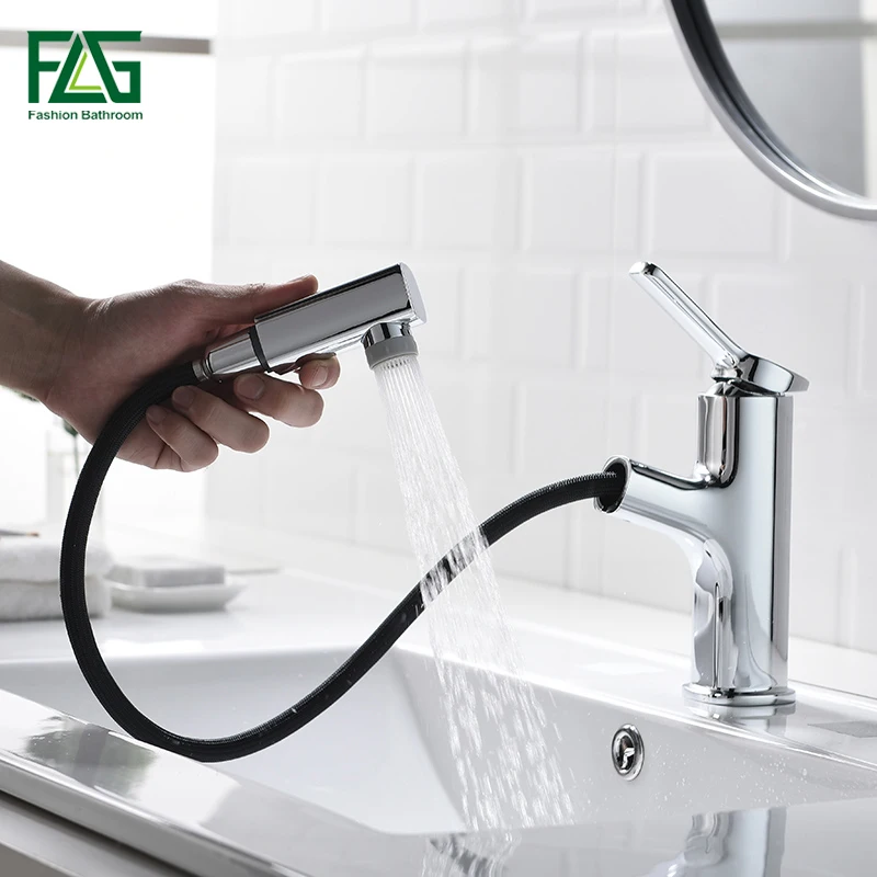 

FLG Pull Out Basin Faucets Bathroom Sink Faucet Chrome Finish Single Handle Two Function Water Outlet Mixer Tap 1092-11C