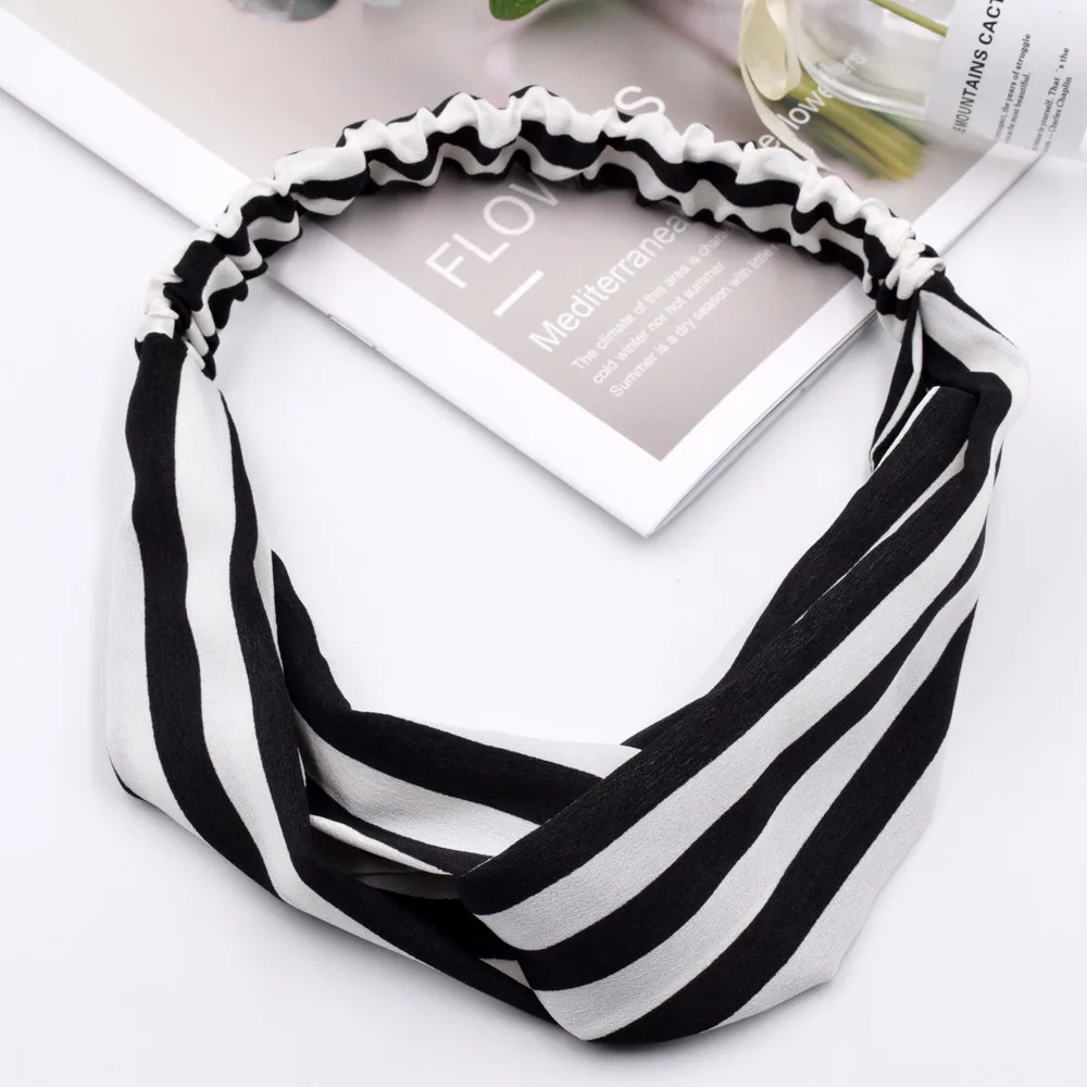 Black Striped Полосатый ободок в горошек для женщин, винтажная эластичная резинка для волос, тюрбан, головной убор, классический креативный крест, головной убор, аксессуары для волос для девушек - Цвет: Black Striped