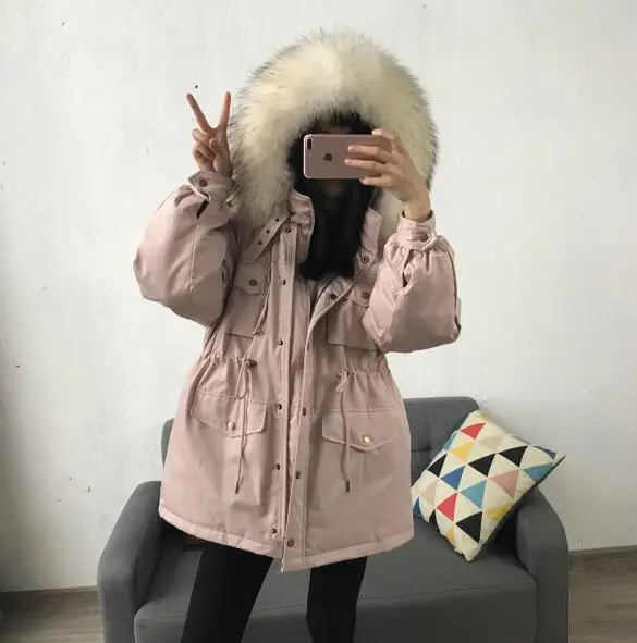 pink jacket Большой воротник из натурального меха с капюшоном зимняя куртка-пуховик на белом утином пуху женское длинное пальто теплые парки Толстая Женская верхняя одежда розовый хаки - Цвет: pink jacket