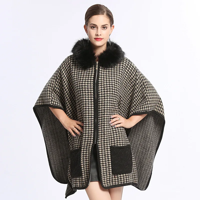 Женские свободные накидки пончо с карманом зимний Кардиган искусственным мехом