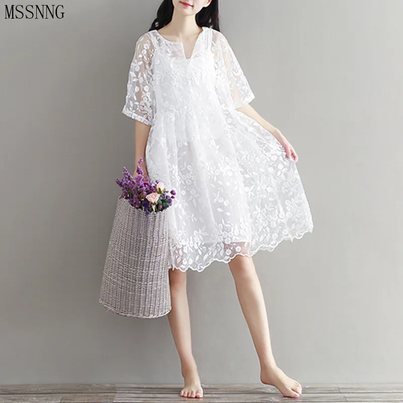2019 Модное шифоновое платье с вышивкой женское белое кружевное коротким рукавом и