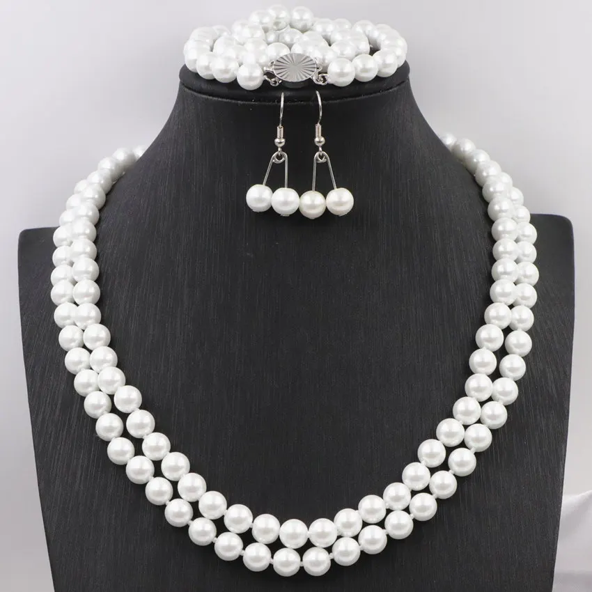 

Statement Women Jewelry Set White Simulated Pearl 8mm Round Beads 2 Rows Necklace Earrings Bracelet Glass Pearls Chain Sets A629