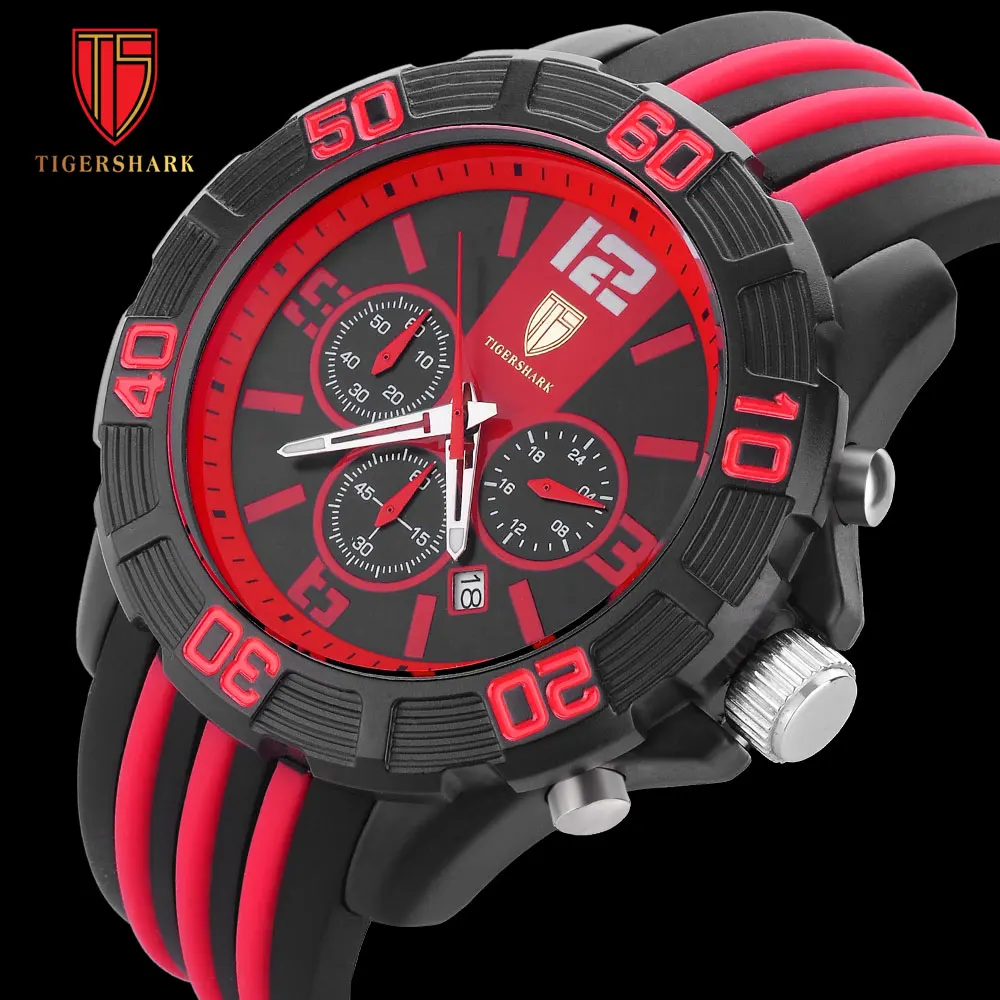 TIGERSHARK кварцевые часы хронограф мужские спортивные Автоматическая Дата 30 м