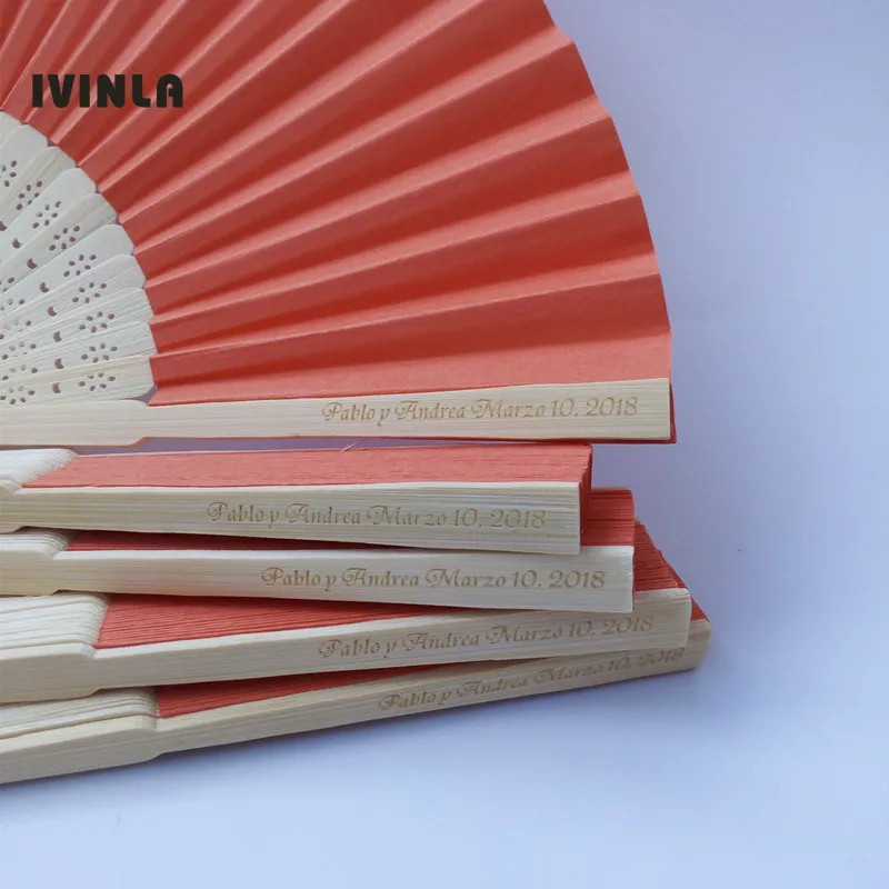 

Hot selling 50Piece/Lot Customized orange engraving Hand Fan For Party Decoration Wedding Favors Folding Wedding Fans