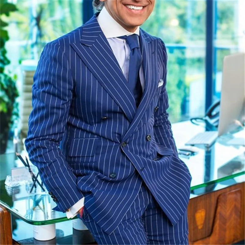 

Groomsmen Groom Tuxedos Best Man Blue with White Stripe Peak Lapel Men Suits Wedding Best Man 2 pieces ( Jacket+Pants+Tie ) C546