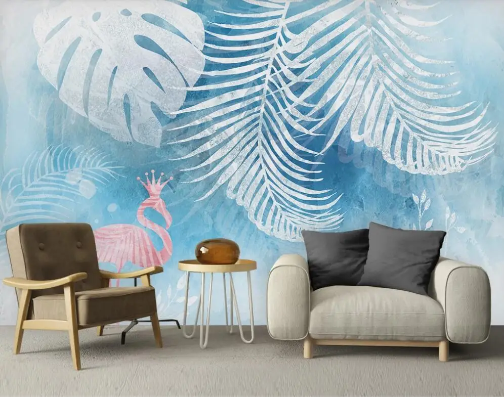 Nordic modern minimalist fantasy hand-painted tropical plant leaves flamingo background wall 3D mural wallpaper | Обустройство дома
