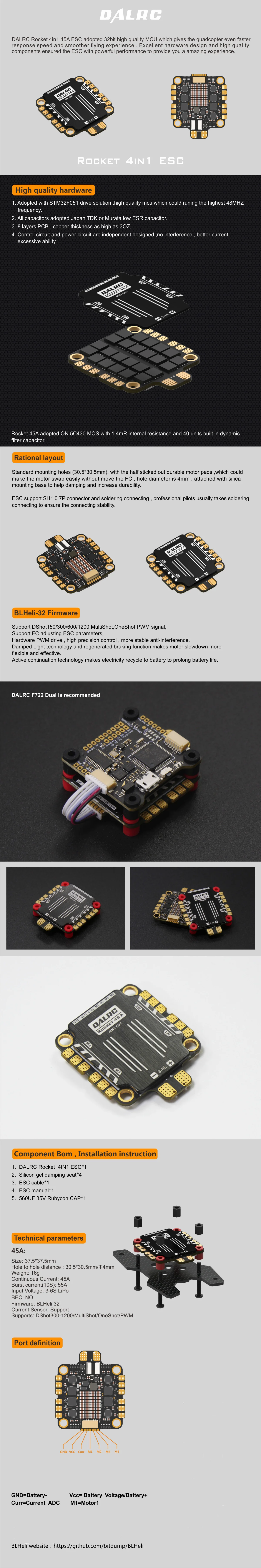 DALRC Rocket 45A 4в1 ESC 3-6S Blheli_32 DSHOT1200 готов 4 в 1 бесщеточный ESC 30,5*30,5 мм с F722 двойной F7 Контроллер полета