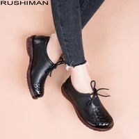 rushiman women genuine leather flat shoes lace up moccasins mother soft ladies shoes hand woven flats black fashion casual women