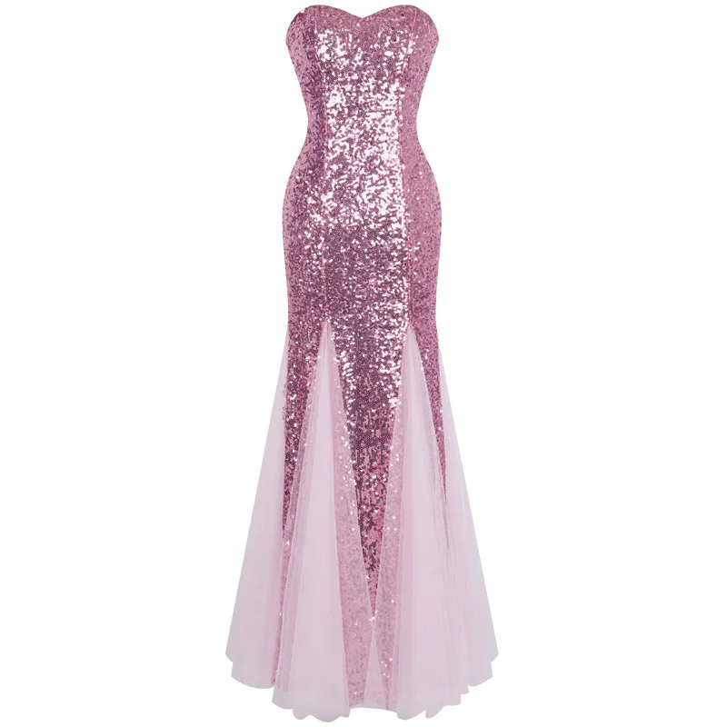 Женское платье без бретелей Angel fashions розовое блестящее из фатина с блестками